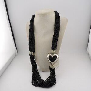 Vintage Black Multi Strand Seed Bead Necklace with Silver Puffy Heart